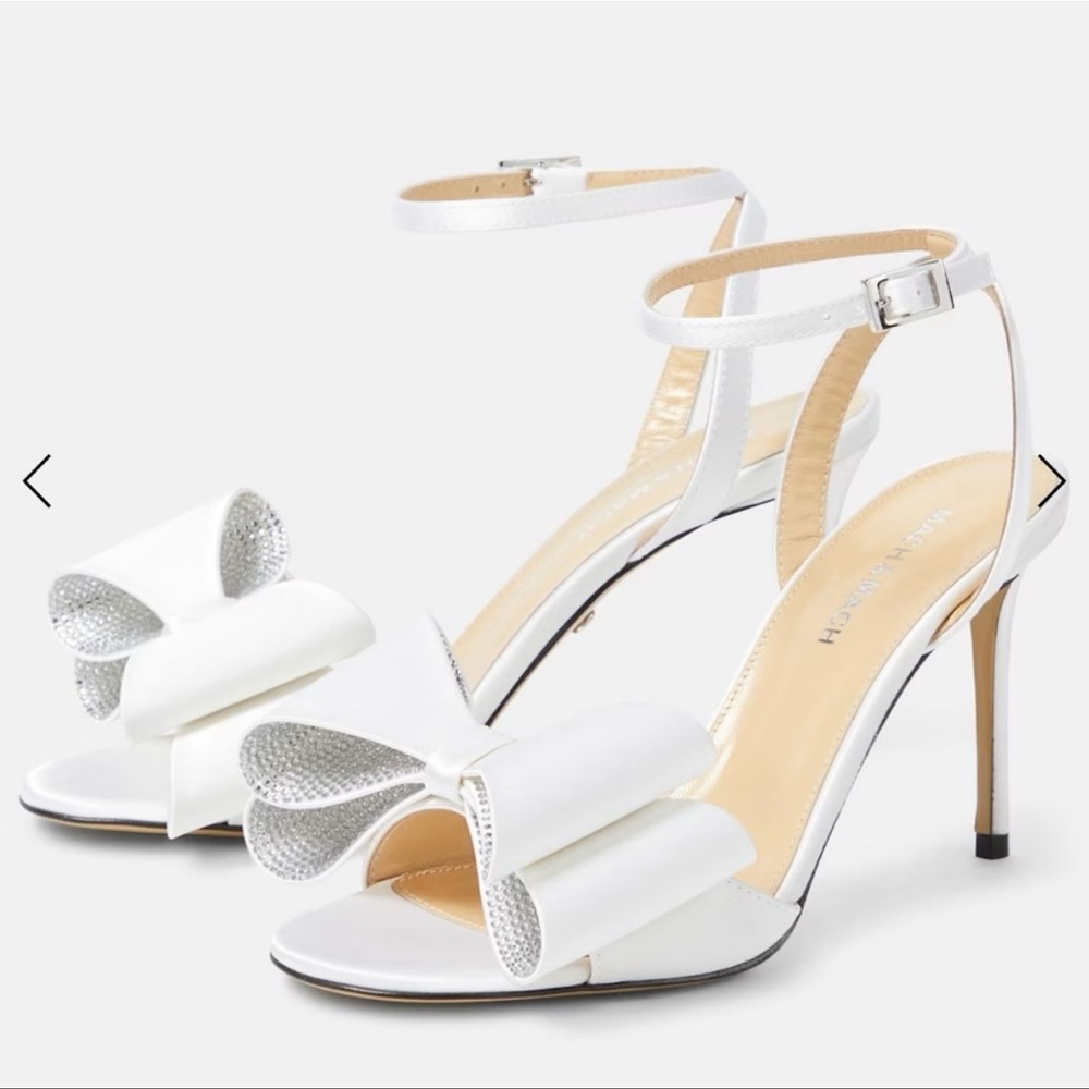 NEW!Mach & Mach Le Cadeau Double Bow White Satin 95mm Ankle Strap Sandals Sz39.5